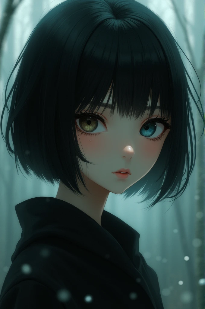 Short black hair、A touch of blue-green、Hanging eyes、Draw an odd-eyed girl