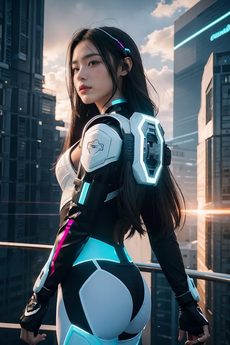 ((masterpiece, best quality, extremely detailed), volumetric lighting, ambient occlusion, colorful, glowing), 
1girl, solo, young girl, (dark hair), long hair, halo, aura, sacred, godness, cyber suit, (random-colored outfit:1.3), android, bot, cybernetic wings,
outdoors, sunset, sky, clouds, space, (cyberpunk theme:1.2),