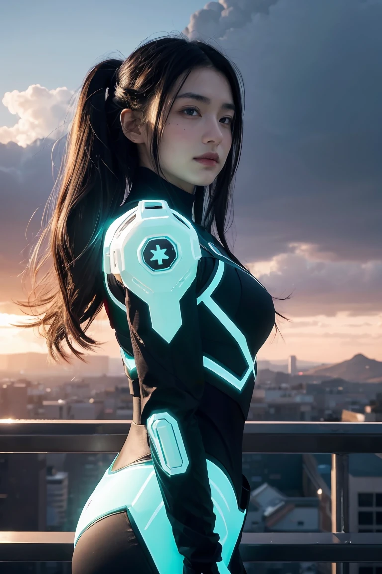 ((masterpiece, best quality, extremely detailed), volumetric lighting, ambient occlusion, colorful, glowing), 
1girl, solo, young girl, (dark hair), long hair, halo, aura, sacred, godness, cyber suit, (random-colored outfit:1.3), android, bot, cybernetic wings,
outdoors, sunset, sky, clouds, space, (cyberpunk theme:1.2),