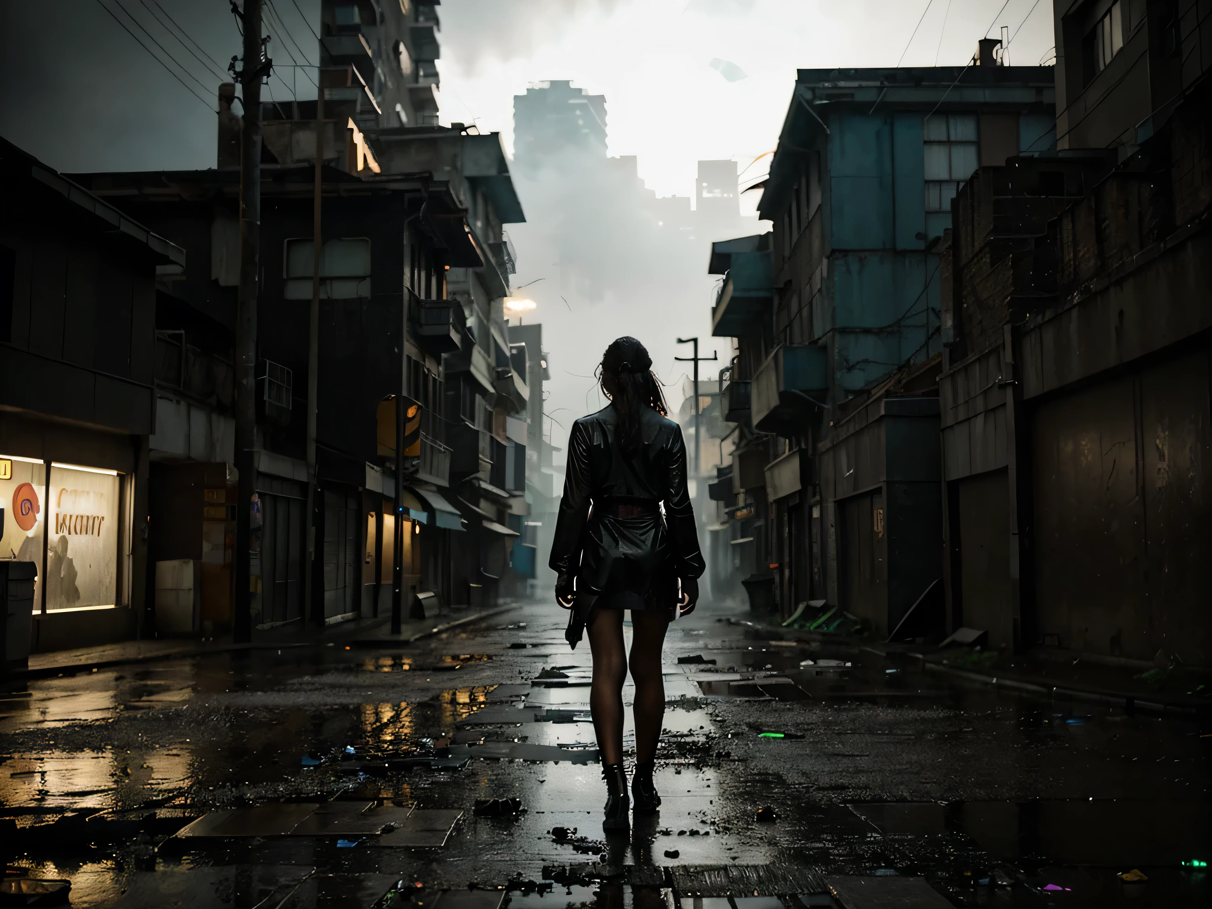A neon-drenched figure, their silhouette illuminated by the mesmerizing glow of solar-powered streetlights, stands in the rain-soaked alleyway. The scene captures a moment of eerie beauty amidst the decaying urban landscape, the subject clad in a mixture of organic fabrics and salvaged metal scraps. This photograph exudes a hauntingly elegant atmosphere, with each detail vividly rendered in high-definition clarity. The juxtaposition of futuristic elements against a backdrop of crumbling architecture creates a visually striking tableau that lingers in the viewer's mind long after their gaze has shifted.
