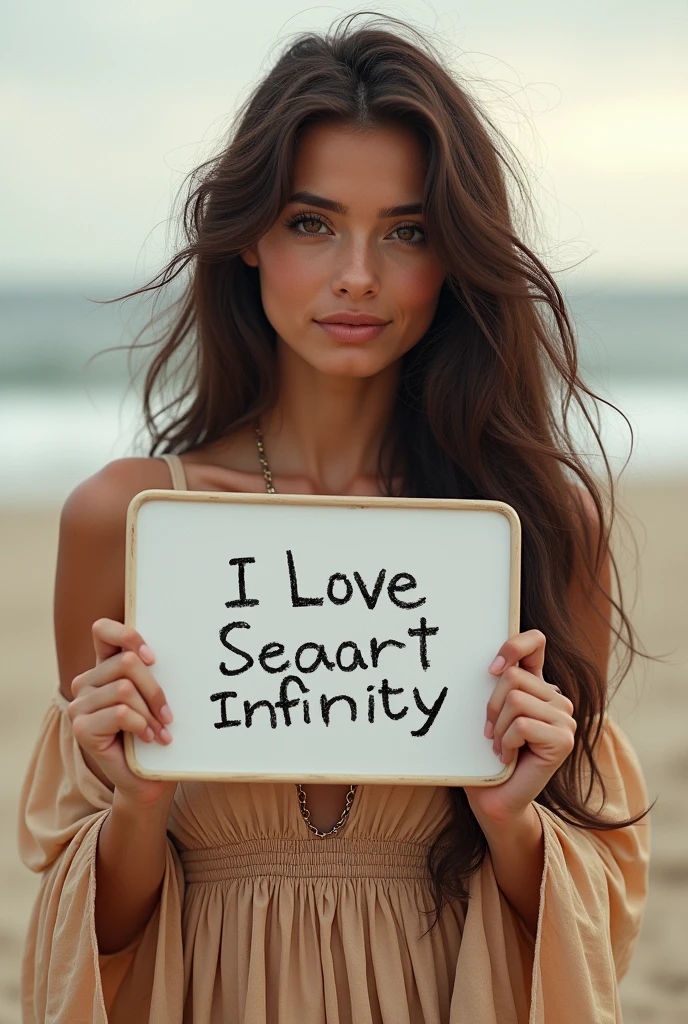 Beautiful girl with wavy long hair, bohemian dress, holding a white board with text "I Love Seaart Infinity" and showing it to the viewer