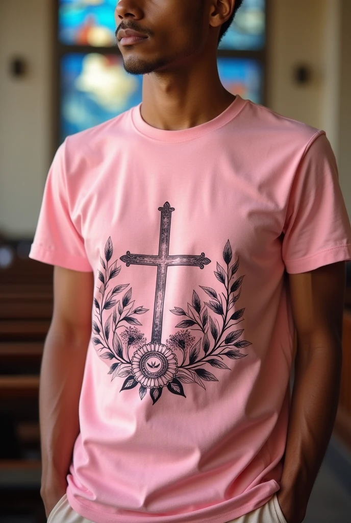 colored pastel pink tshirt that has meaningful design related to church