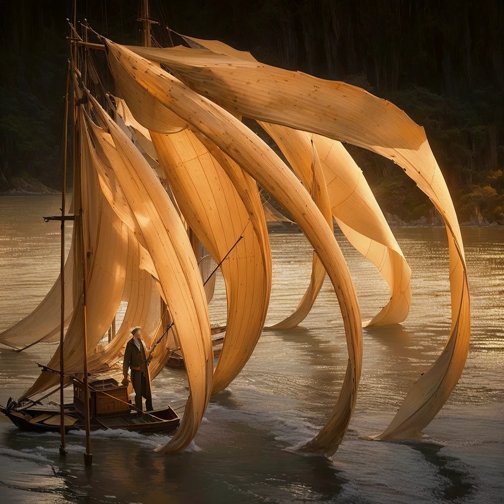 There was a man standing on a boat with a big sail, author：Peter Glick, Lipoti, inspired author：Peter Glick, frans lanting, Environmental Art, timberwork, Clothed in water and spine, by Zha Shibiao, Mark Adams, National Geographic Photography Award, beautiful natural forms, Fanhao Photography, Yu Zhiding
