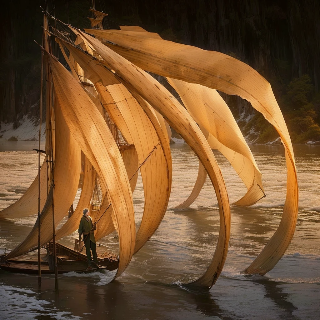 There was a man standing on a boat with a big sail, author:Peter Glick, Lipoti, inspired author:Peter Glick, frans lanting, Environmental Art, timberwork, Clothed in water and spine, by Zha Shibiao, Mark Adams, National Geographic Photography Award, beautiful natural forms, Fanhao Photography, Yu Zhiding