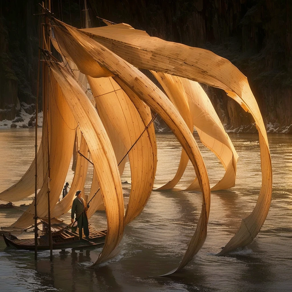 There was a man standing on a boat with a big sail, author:Peter Glick, Lipoti, inspired author:Peter Glick, frans lanting, Environmental Art, timberwork, Clothed in water and spine, by Zha Shibiao, Mark Adams, National Geographic Photography Award, beautiful natural forms, Fanhao Photography, Yu Zhiding
