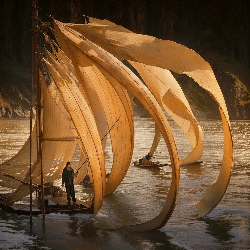 There was a man standing on a boat with a big sail, author:Peter Glick, Lipoti, inspired author:Peter Glick, frans lanting, Environmental Art, timberwork, Clothed in water and spine, by Zha Shibiao, Mark Adams, National Geographic Photography Award, beautiful natural forms, Fanhao Photography, Yu Zhiding