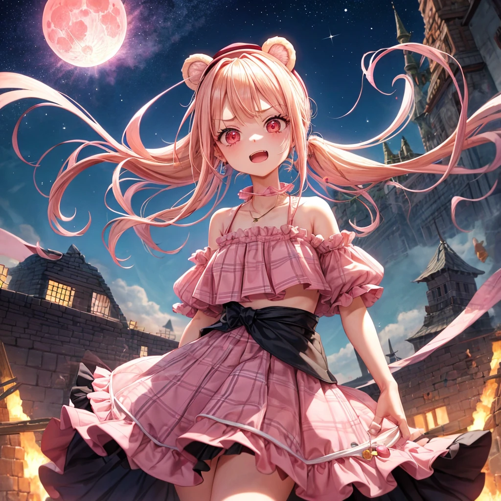 Pink Blonde、Red eyes、Hair tied up、One cute girl、solo、And soul、Light clothing、Checked mini skirt、black t-shirts、one piece、bear ears baseball cap、frilled lizard、large tree、Thundercloud、Burning Full Moon、desert、Stones are piled up、Teeth are visible、Fortress City、Tilting face、Starry Sky、firework