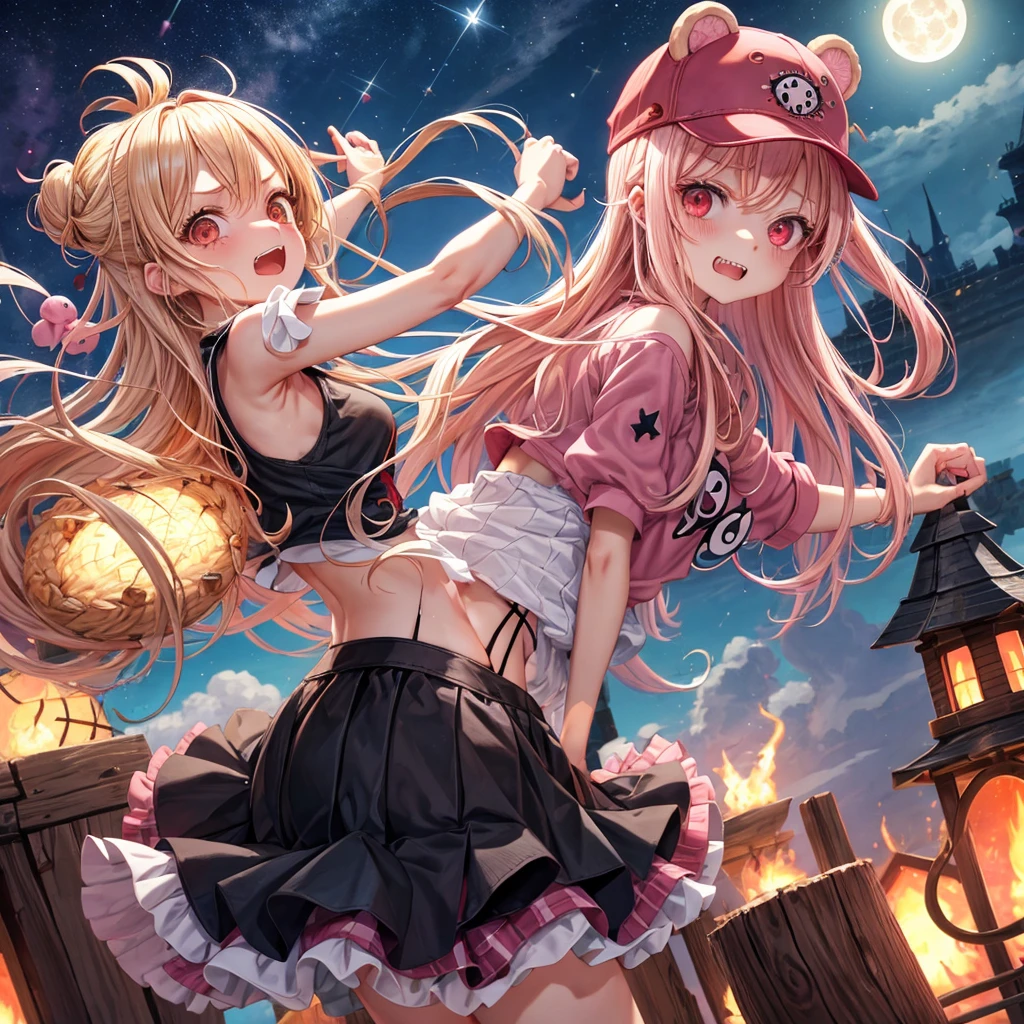 Pink Blonde、Red eyes、Hair tied up、One cute girl、solo、And soul、Light clothing、Checked mini skirt、black t-shirts、one piece、bear ears baseball cap、frilled lizard、large tree、Thundercloud、Burning Full Moon、desert、Stones are piled up、Teeth are visible、Fortress City、Tilting face、Starry Sky、firework