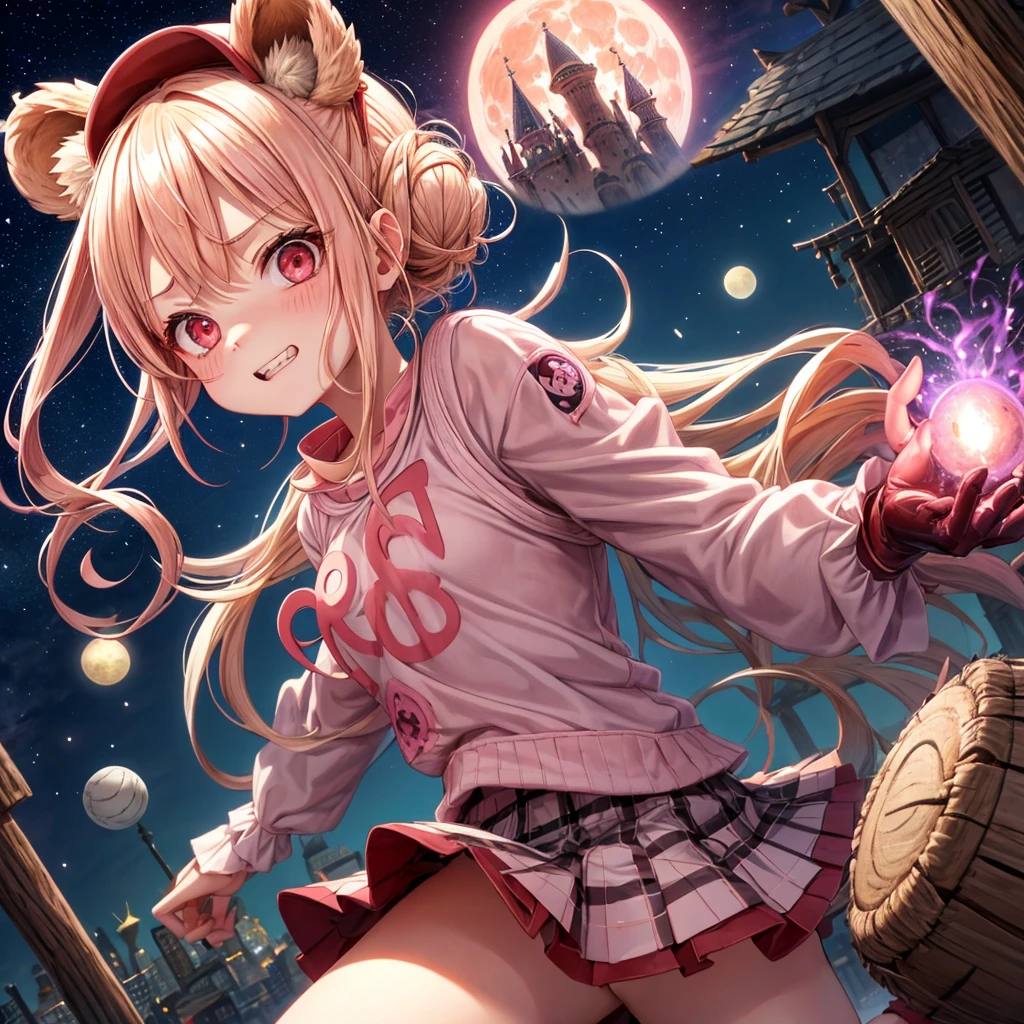 Pink Blonde、Red eyes、Hair tied up、One cute girl、solo、And soul、Light clothing、Checked mini skirt、black t-shirts、one piece、bear ears baseball cap、frilled lizard、large tree、Thundercloud、Burning Full Moon、desert、Stones are piled up、Teeth are visible、Fortress City、Tilting face、Starry Sky、firework