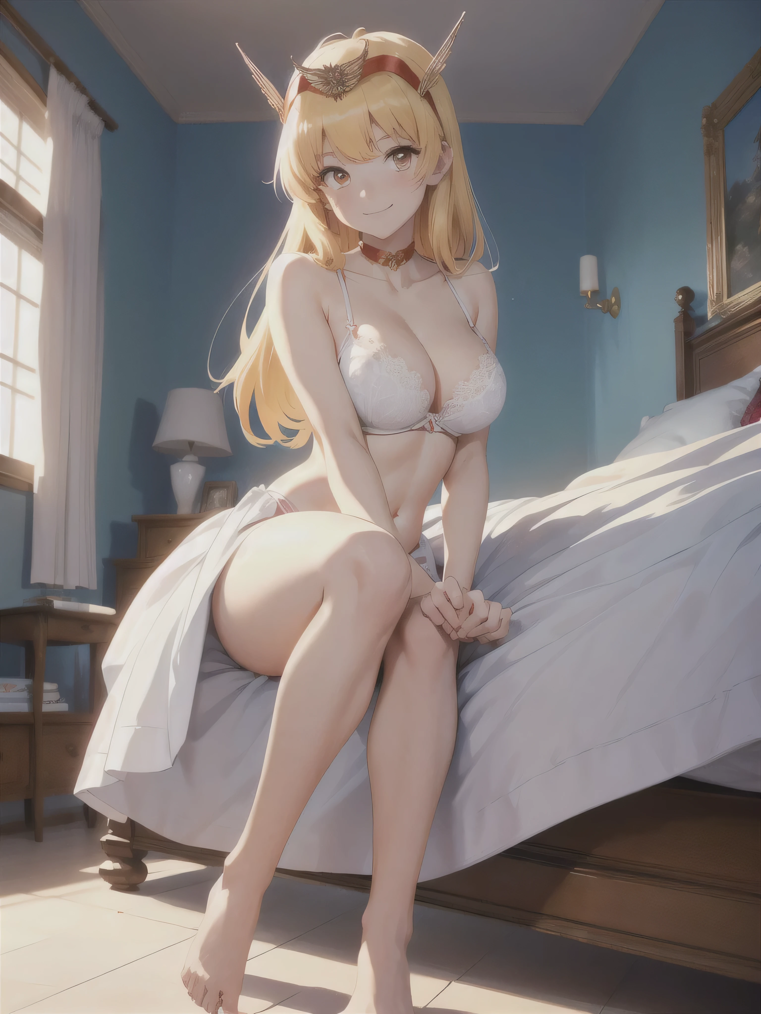 (masterpiece, super high quality, 32K ultra HD anime, anime style, highly detailed, perfect anatomy, perfect human anatomy, NSFW-14, uncensored), ((MagicalPrincess, full nude)), mature woman, solo, (blonde hair, long hair, straight hair, thick parted bangs, flicked bangs on the ends, hair blowing in the wind), (detailed beautiful eyes, orange eyes), smiling face, beautiful collarbone, (huge breasts: 1.7, firm breasts), (beautiful arms, beautiful elbows, beautiful hands, beautiful fingers, (four fingers, one thumb)), smooth belly, wide waist: 1.0, wide hips 1.4, beautiful thighs, beautiful knees, beautiful calves, beautiful feet, beautiful toes, white lace bra, white lace panties, (lying on back, legs spread, on bed), looking at viewer, (bedroom background, large bed, dimly lit room), cowboy shot, (front view, shot from below), score_9_up,score_8_up,score_7_up,score_6_up,