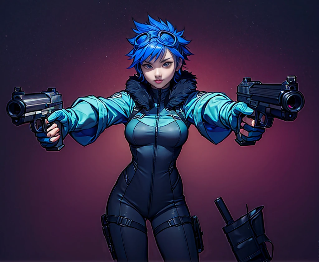 elaizaikedareal、A young woman with a bold look and hairstyle、I have a gun in my hand。She holds the gun with confidence、Because I'm ready to compete、The chest is prominent。