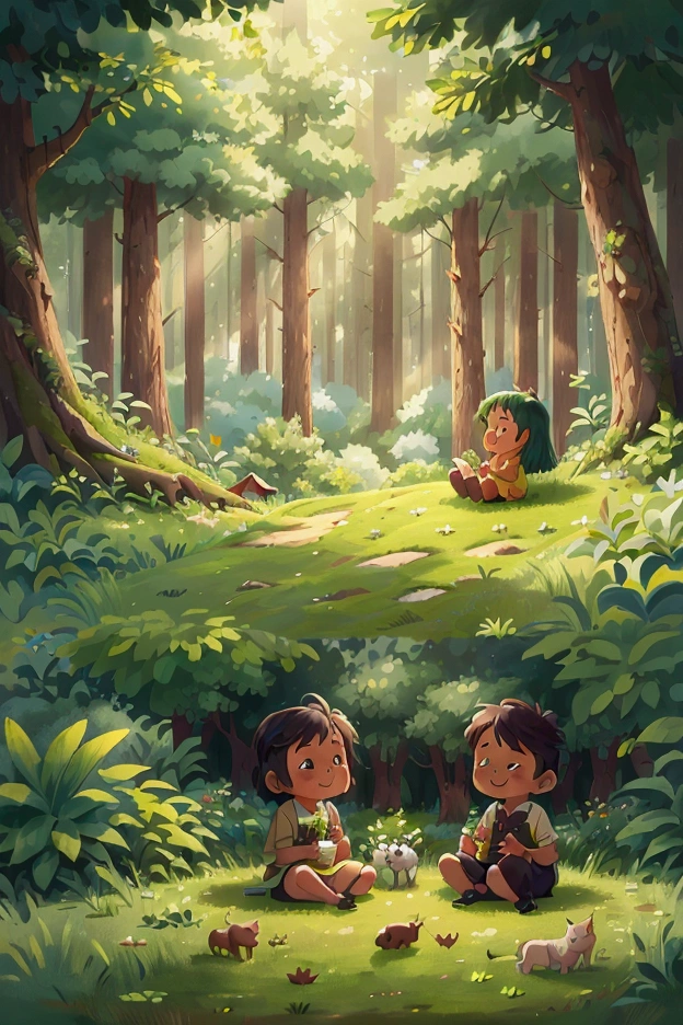 masterpiece, best quality, permanent, The ground is covered with fresh green grass), ((Fir forest in the distance)), (Sunlight),cloud, Happy Mood,Children sitting on the grass detailed,Rich colors