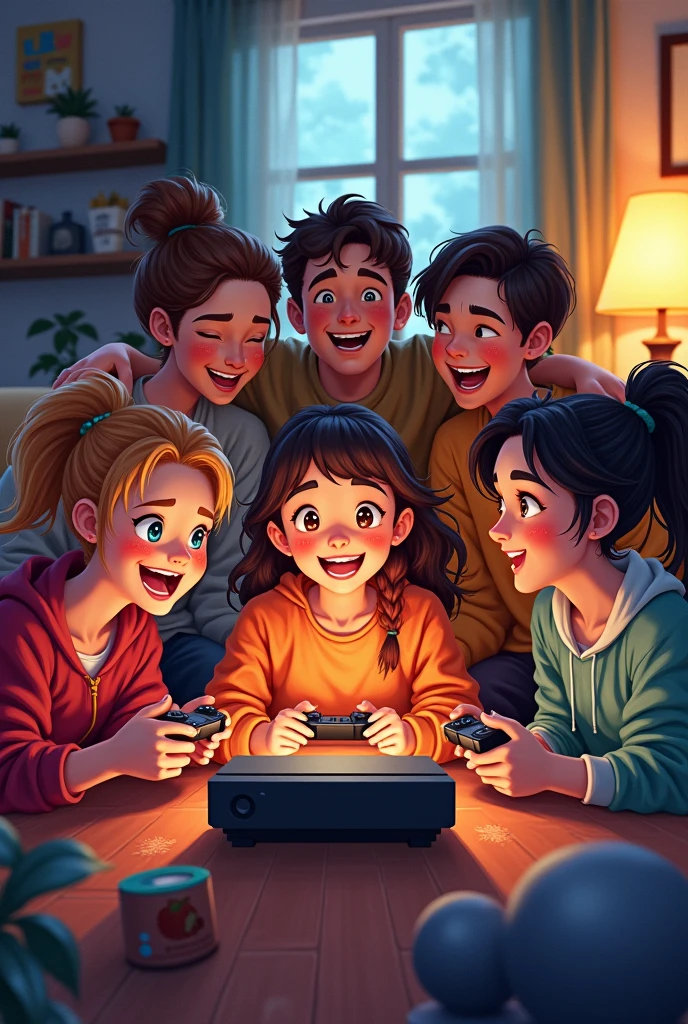 Illustration: A group of friends gathered around a gaming console, laughing and cheering."