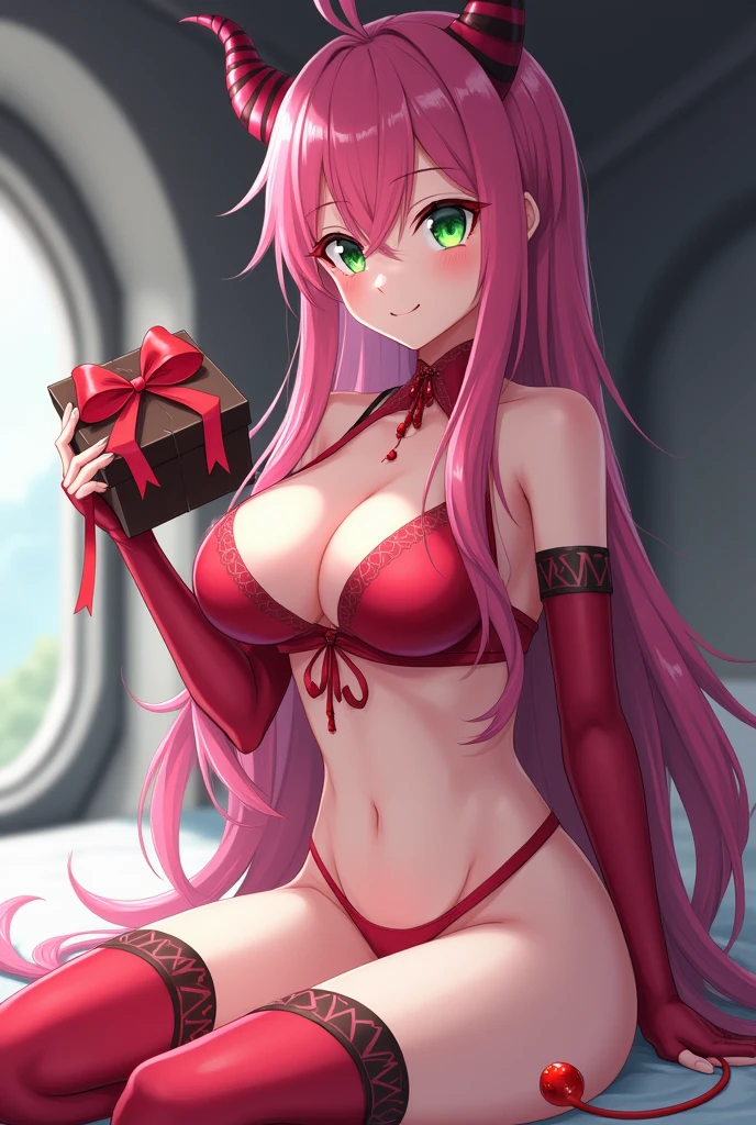 zero two \(darling in the franxx\), darling in the franxx, detailed background, 1girl, bangs, biting, blush, covered navel, eyeshadow, green eyes, hair behind head, hand on hip, horns, smile, long hair, looking at viewer, makeup, medium breasts, pink hair, red eyeshadow, science fiction, skin tight, solo valentine, (((tied in red ribbon))), holding chocolate, on bed, ((melting chocolates on breast),(upper body view naked),((anime style)),(((tied)))