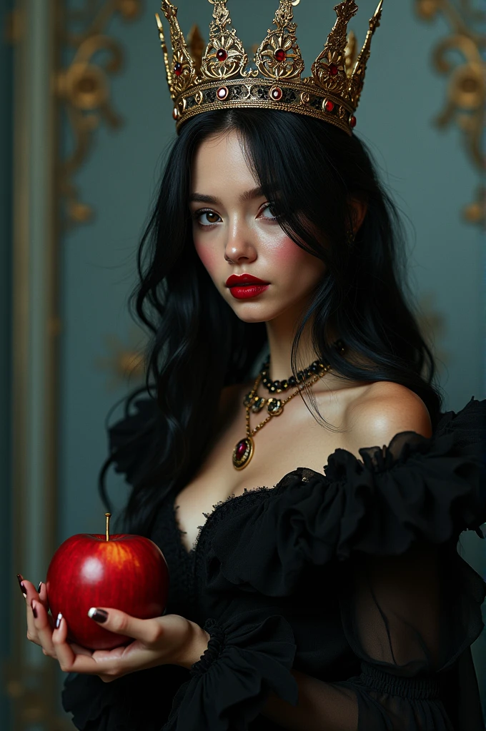 ((RAW Photo), absurd, (absurdresolution)), masterpiece, best quality, (Extremely detailed 8k unity CG wallpaper), (best illustration), (best shadow), Realistic lighting, beautiful detailed glow, ((21 years old)), girl, long black hair, black queen, accessories, apple in hand, poisoned apples, witch queen, red lipstick, (((Photographic Perspective of her)))