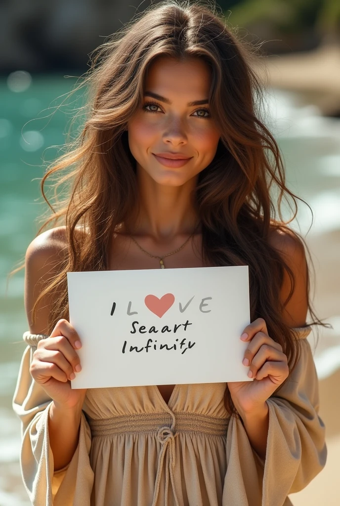 Beautiful girl with wavy long hair, bohemian dress, holding a white board with text "I Love Seaart Infinity" and showing it to the viewer