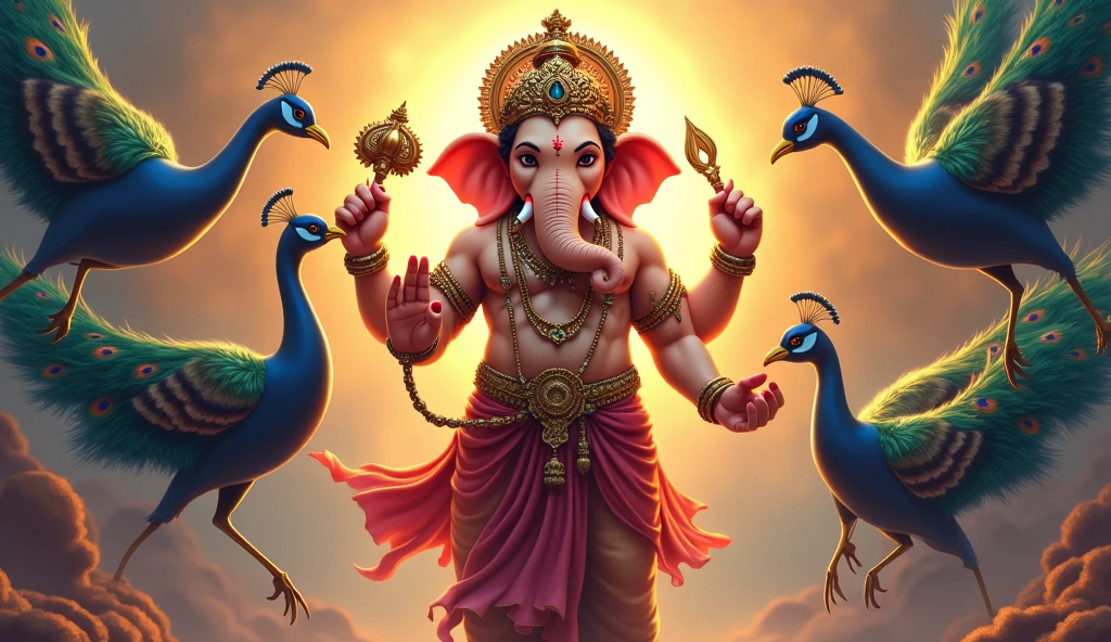 Ganesha with rajhans animation in standing position like warrior 

