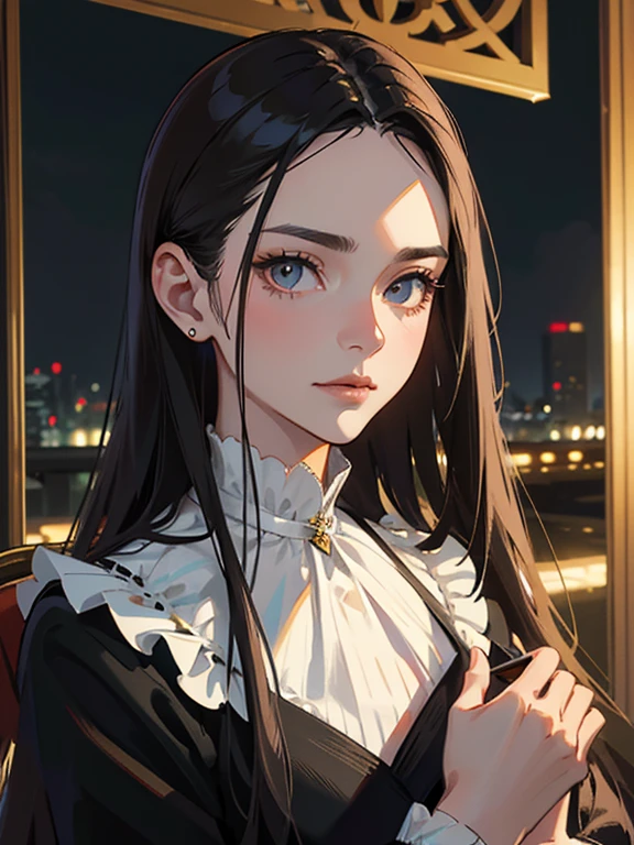 Masterpiece, high quality, Single woman, Ethereal, handsome, middle age woman, old, portrait, long brunette hair, straight hair, slick back hair, show forehead, high cheekbones, hollow cheeks, white eyebrows, dark skin, hazel eyes, cosmieyes, colorful, black colors, wearing a black suit, black slacks, The face is smug, arrogant, skyscrapers in the background, night time, Rich in color, lily flower, close-up shot, bust photo, do not show hand, Look at viewer.