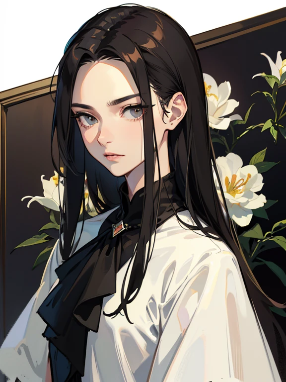 Masterpiece, high quality, Single woman, Ethereal, handsome, middle age woman, old, portrait, long brunette hair, straight hair, slick back hair, show forehead, high cheekbones, hollow cheeks, white eyebrows, dark skin, hazel eyes, cosmieyes, colorful, black colors, wearing a black suit, black slacks, The face is smug, arrogant, skyscrapers in the background, night time, Rich in color, lily flower, close-up shot, bust photo, do not show hand, Look at viewer.