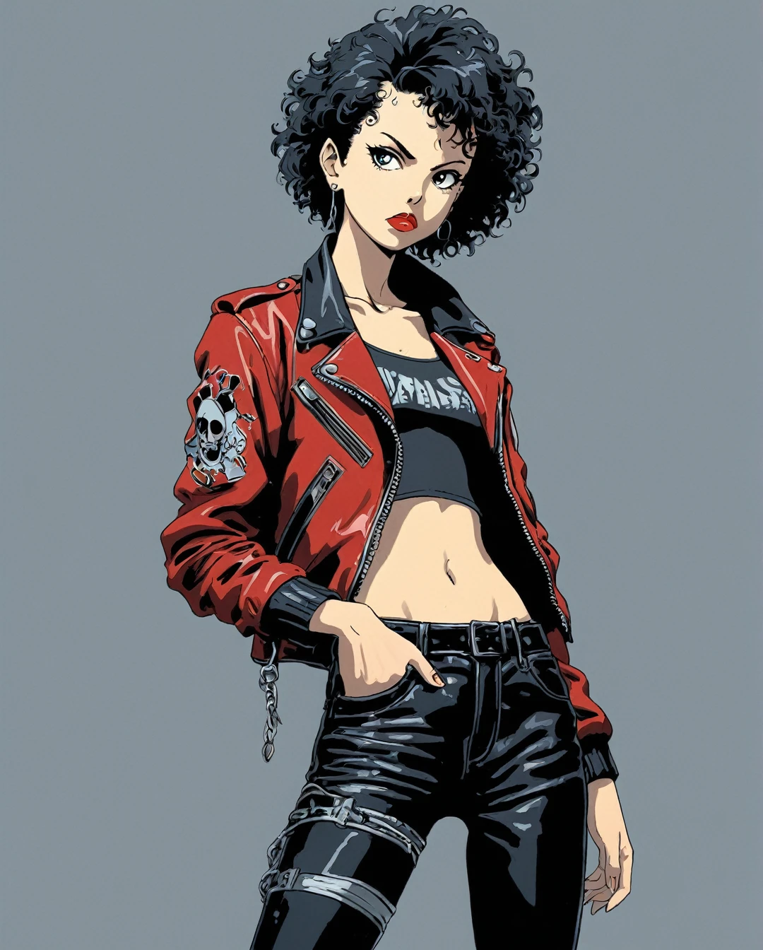 Art Style by Yoshiyuki Tomino, Flat-colored still of a photo of a a full-body, high-resolution anime style of a rebellious teenage female punk rocker with short curly black hair, thin face, intense red lips, leather jacket, and tight leather pants, inspired by the works of Yoshiaki Kawajiri, vibrant and edgy, with dramatic lighting and dynamic composition.,... anime girl from a 80s Anime portrayed by hajime sorayama, looking away from the viewer, solemn expression