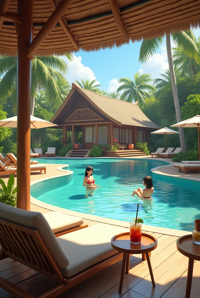 Tropical wooden house 
Big living room with rattan and bamboo furniture, some drink on the side table 
Two beautiful girls in bikini swimming in curve beautiful swimming pool 
Sunbeds and umbrellas 

