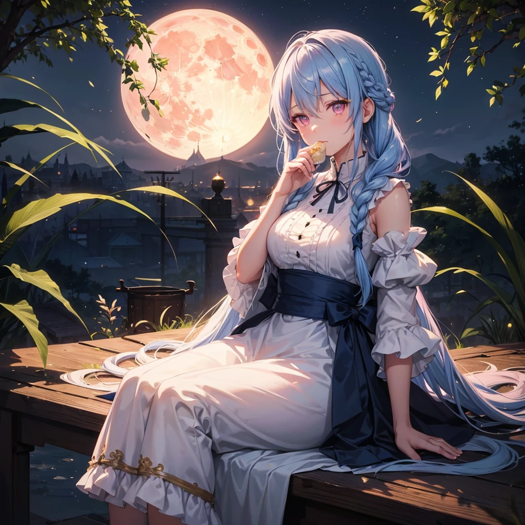 (Sky blue braided medium length hair), (Pink eyes),(Fair skin)  ,(whole body),(One Girl),(harvest moon),(A large amount of Miscanthus sinensis in the background),(full moon),(masterpiece, Highest quality, Very detailed, Best Shadow), (Detailed Background), (Beautifully detailed face), High Contrast, (Best lighting, Very delicate and beautiful), ((Cinematic Light)), Hyper Detail,8k, Dramatic Light, Intricate details,(sitting down to eat rice dumplings)