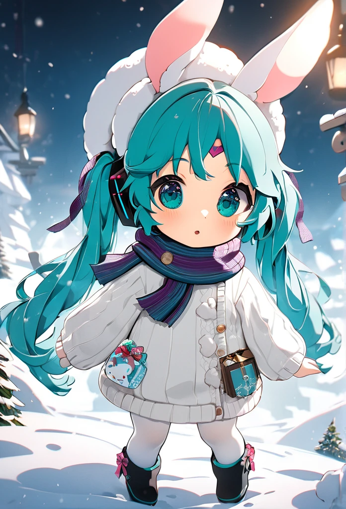 super cute chibi hatsune miku, wearing fluffy white fur hat, cute white turtleneck sweater and scarf, white tights and boots, playing with white rabbit in snowy fantasy landscape, cowboy shot, (best quality,4k,8k,highres,masterpiece:1.2),ultra-detailed,fantasy,dramatic lighting,professionally shot,award-winning,vivid colors