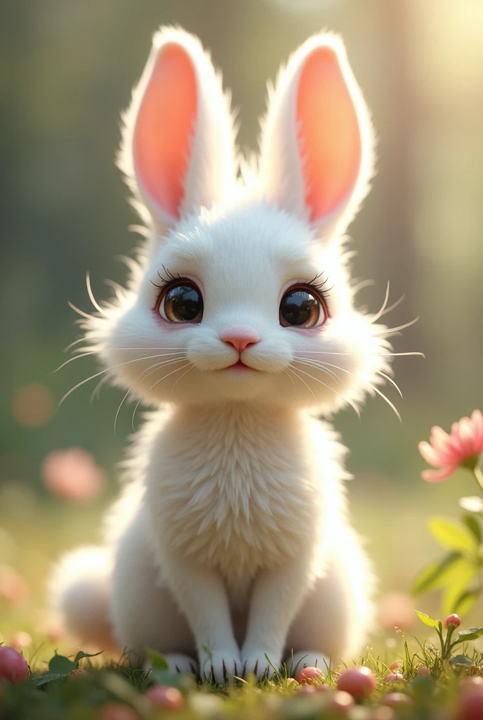 Lily is a small human rabbit with soft pure white fur and long ears that are often curiously erect. She has big eyes that sparkle with curiosity and playfulness. Its tail is shaggy and round which adds to its cuteness.