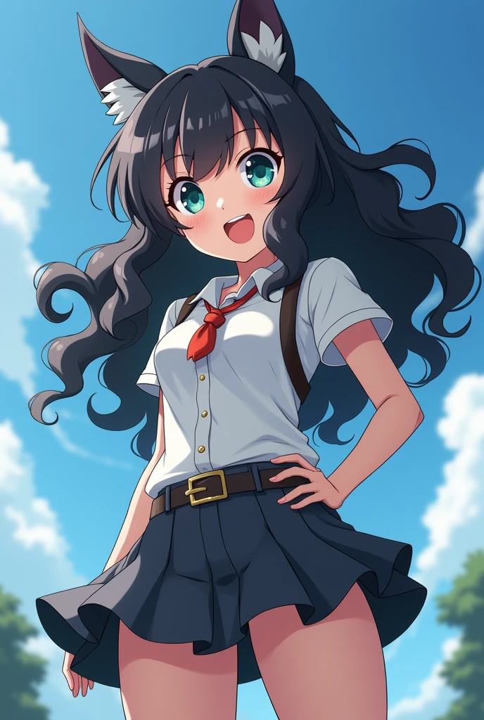 screeshot anime stlye character, woman with black curly hair with gray highlights, aqua eyes and chubby body, in a battle pone in a perspective from underneath with big breast and mini skirt
