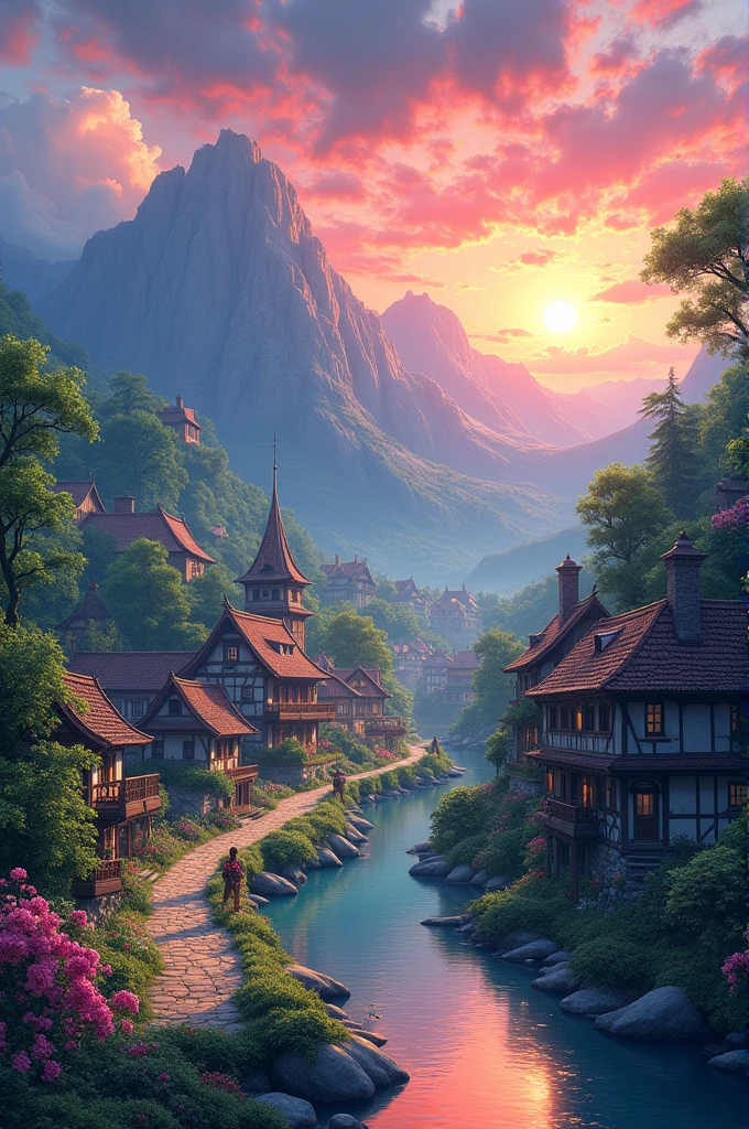 a small village by the river, mountains in the background, floral flowers colorful, detailed landscape, Beautiful natural landscapes, atmospheric lighting, scorching sunset, warm colours, practical, photopractical, Detailed Foliage, complex buildings, cobblestone street, Charming country house, swirly vibrant colors, lush vegetation, Still water reflections, Picturesque, idyllic, work of art, best qualityer, 8k, extremely detaild,anime styling