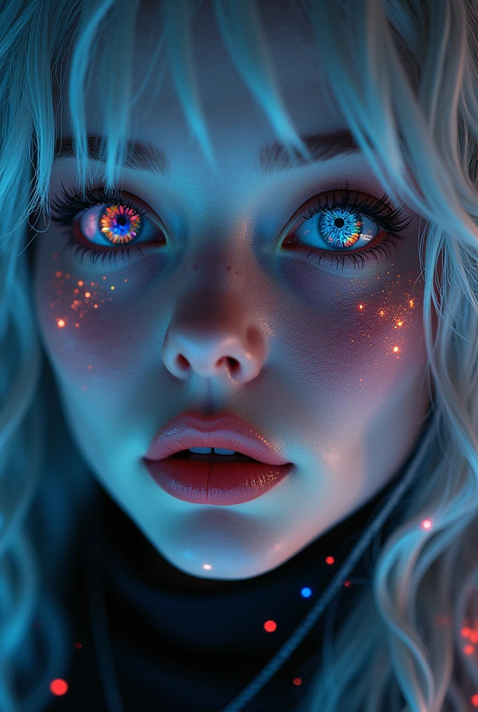 (Close-up of a better masterpiece:1.5)0.9], (Space and astronauts:1.2) (Messy silver hair:1.1) (Heterochromia xanthochromia and blue eyes:1.2) (himanshu bhaiya (Colored stars in the eyes:1.0) (A radiant glow:1.1) (thick lips:0.9)