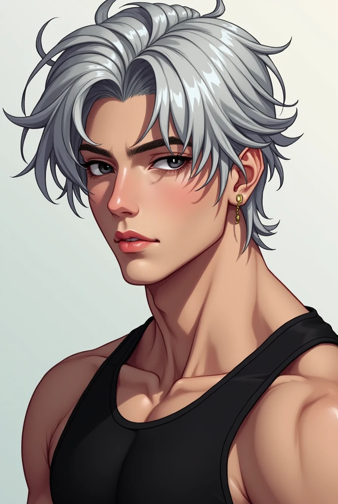 Extremely Handsome boy with silver hair, muscular handsome body, beautiful black eyes and ear piercing in 2D image