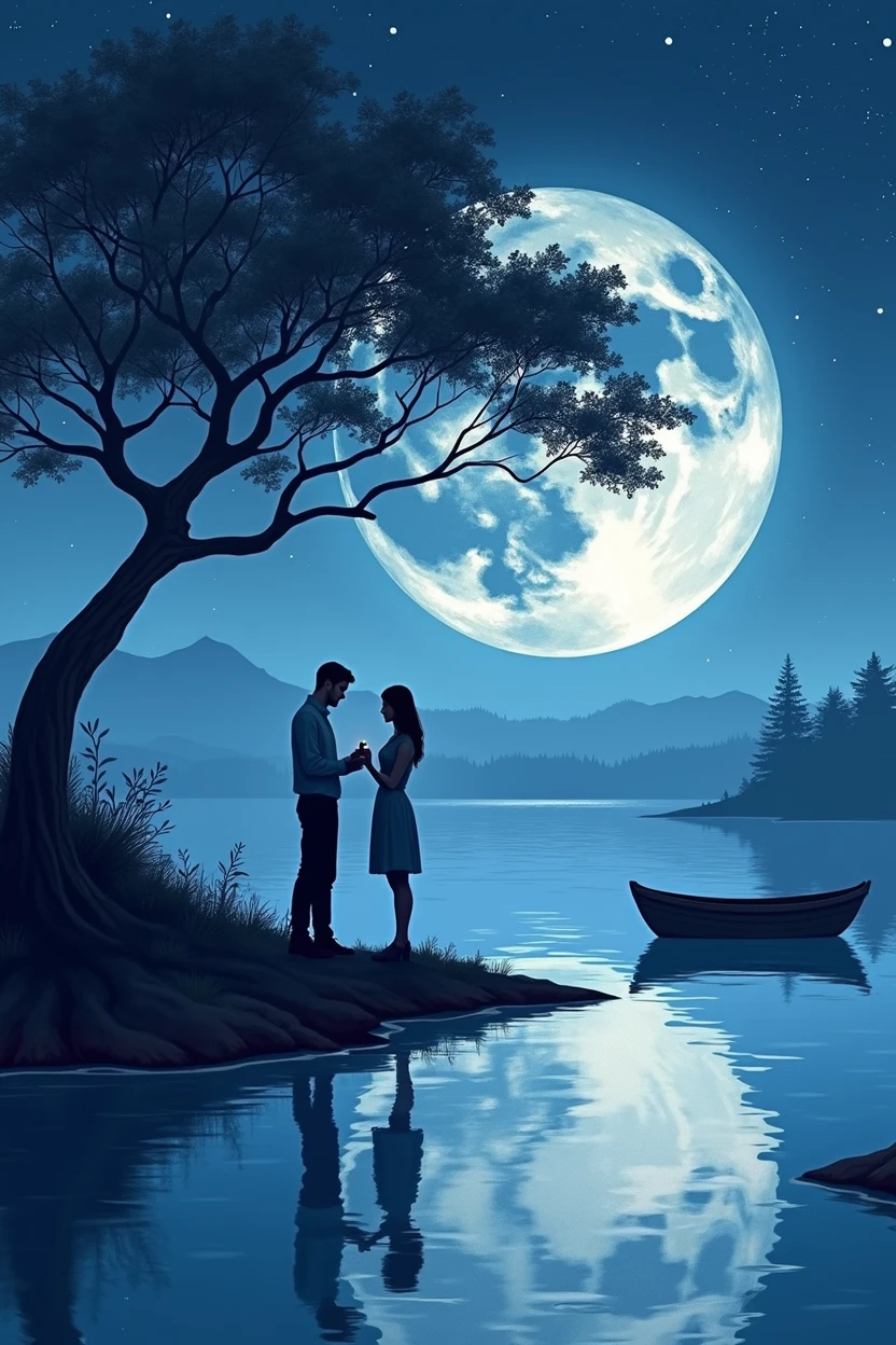 (best quality, high resolution, watercolor, Create a peaceful night scene,, An island of tranquility, Reflecting Lake. There should be a leafy tree on the island, Position slightly off center. The branches should be slightly bent, Some leaves gently fall, adding to the serene ambiance.under the tree, depict a Romantic moment between a couple. Men should kneel down, Take out a ring or small object, Like a marriage proposal. Women should stand before him, Lean forward slightly, May accept the offer. Their figures should be outlines, Contrast with bright background.The night sky should be clear,Full of twinkling stars. Large scale, A bright full moon will dominate the scene, positioned behind Couple and the tree, Casting Soft, A blue light hangs over everything. Moonlight should create long-lasting, Soft reflections of trees, Couple, And islands on the water.Right side of the island, Includes a small wooden rowing boat, Floating on calm waters. The boat should also have an outline, There is a slight reflection on the water.The overall color tone should be mainly dark blue and black, The moon brings soft, The ethereal light that illuminates the entire scene. The atmosphere should be calm, Romantic, A bit mysterious, Focus on the stillness and intimacy of the present moment(((It says Happy Valentine's Day.)))
