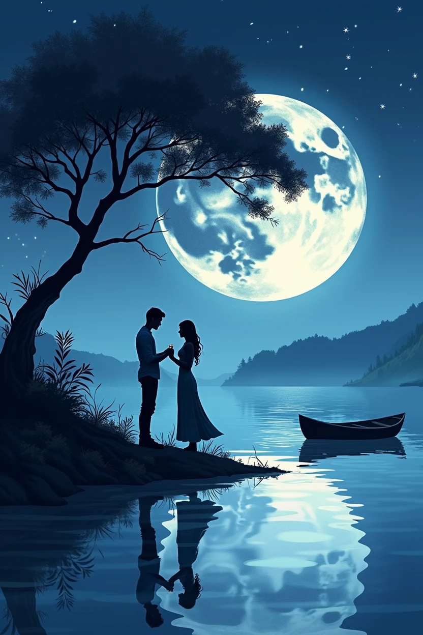 (best quality, high resolution, watercolor, Create a peaceful night scene,, An island of tranquility, Reflecting Lake. There should be a leafy tree on the island, Position slightly off center. The branches should be slightly bent, Some leaves gently fall, adding to the serene ambiance.under the tree, depict a Romantic moment between a couple. Men should kneel down, Take out a ring or small object, Like a marriage proposal. Women should stand before him, Lean forward slightly, May accept the offer. Their figures should be outlines, Contrast with bright background.The night sky should be clear,Full of twinkling stars. Large scale, A bright full moon will dominate the scene, positioned behind Couple and the tree, Casting Soft, A blue light hangs over everything. Moonlight should create long-lasting, Soft reflections of trees, Couple, And islands on the water.Right side of the island, Includes a small wooden rowing boat, Floating on calm waters. The boat should also have an outline, There is a slight reflection on the water.The overall color tone should be mainly dark blue and black, The moon brings soft, The ethereal light that illuminates the entire scene. The atmosphere should be calm, Romantic, A bit mysterious, Focus on the stillness and intimacy of the present moment(((It says Happy Valentine's Day.)))