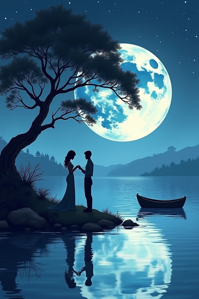 (best quality, high resolution, watercolor, Create a peaceful night scene,, An island of tranquility, Reflecting Lake. There should be a leafy tree on the island, Position slightly off center. The branches should be slightly bent, Some leaves gently fall, adding to the serene ambiance.under the tree, depict a Romantic moment between a couple. Men should kneel down, Take out a ring or small object, Like a marriage proposal. Women should stand before him, Lean forward slightly, May accept the offer. Their figures should be outlines, Contrast with bright background.The night sky should be clear,Full of twinkling stars. Large scale, A bright full moon will dominate the scene, positioned behind Couple and the tree, Casting Soft, A blue light hangs over everything. Moonlight should create long-lasting, Soft reflections of trees, Couple, And islands on the water.Right side of the island, Includes a small wooden rowing boat, Floating on calm waters. The boat should also have an outline, There is a slight reflection on the water.The overall color tone should be mainly dark blue and black, The moon brings soft, The ethereal light that illuminates the entire scene. The atmosphere should be calm, Romantic, A bit mysterious, Focus on the stillness and intimacy of the present moment(((It says Happy Valentine's Day.)))