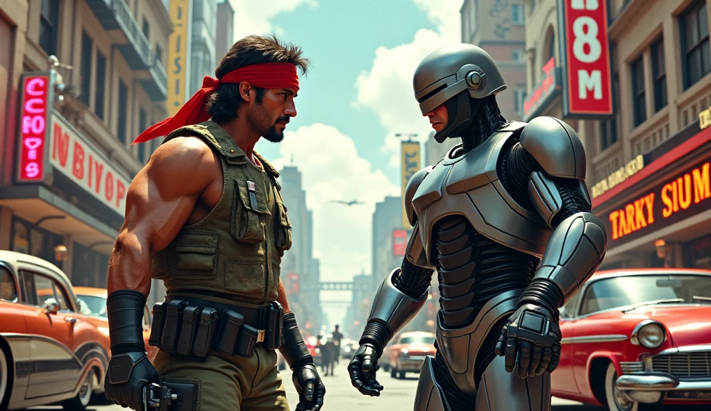 Robocop clashing in a 1960s setting. Rambo, in his classic camo and red headband, is in a combat stance. Robocop, in his futuristic armor, contrasts with the 1960s backdrop featuring vintage cars, old buildings, and retro technology. Use bright, contrasting colors typical of the era. Include the title "Rambo vs Robocop" at the top in a 1960s-style font, with a tagline "The Ultimate Clash in a Retro World" underneath.