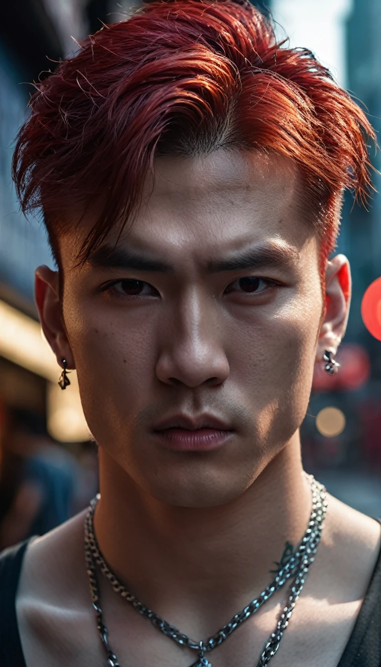 ((Close-up)), male vampire, half human, half beast, extremely handsome, (((red hair))), , muscular, tattooed, wearing a necklace, high ponytail, street scene, gangster style, romantic, Hong Kong cinema. Eyes filled with sadness and longing. Cinematic light, high detail, 8k, artstation, artistic concept, any virtual darkness. Photo taken with Canon EOS R5 85mm f/11 camera, ((sharp)) mode. Image quality ((8K)), ((realistic)), ((masterpiece)), ((sharpest and highest contrast)), ((excellent depth of field)), ((stereoscopic light)), detailed pore defect, ((looking straight at the camera))