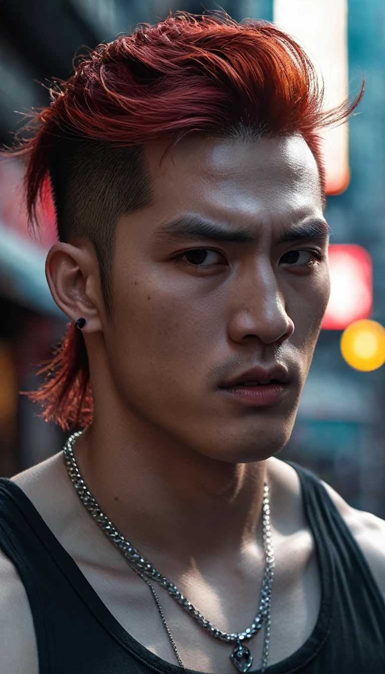 ((Close-up)), male vampire, half human, half beast, extremely handsome, (((red hair))), 15 years old, muscular, tattooed, wearing a necklace, high ponytail, street scene, gangster style, romantic, Hong Kong cinema. Eyes filled with sadness and longing. Cinematic light, high detail, 8k, artstation, artistic concept, any virtual darkness. Photo taken with Canon EOS R5 85mm f/11 camera, ((sharp)) mode. Image quality ((8K)), ((realistic)), ((masterpiece)), ((sharpest and highest contrast)), ((excellent depth of field)), ((stereoscopic light)), detailed pore defect, ((looking straight at the camera))