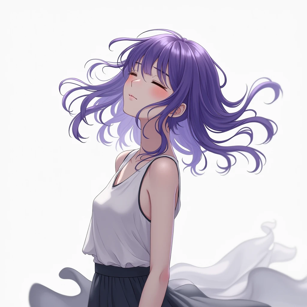((Highest quality, 10)), (Realistic), (face focus: 1.1), (White & Black: 1.3), japanese girl Girl, purple hair Hair, 
I fluttered in the wind., turned sideways, Look up at your face., Closed eyes, (sleeveless: 1.1)、skirts, D Cup Chest,
