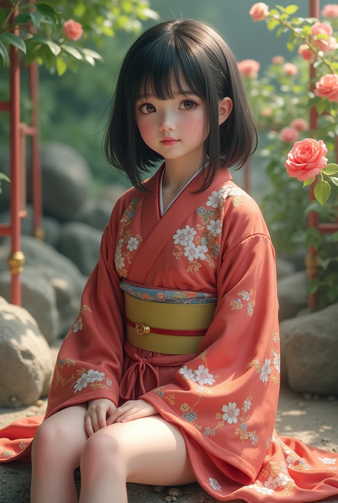 最high quality、high quality、Best image quality、8k、最High resolution、High resolution、最high quality、masterpiece、RAW Photos、Full body photo、Detailed and realistic human body、Detailed and realistic skin、Realistic face in every detail、Detailed and realistic eyes、Detailed and realistic lips、Detailed and realistic teeth、Detailed and realistic ears、Detailed and realistic hair、Realistic reproduction of every detail、((Beautiful Hands(thumb1、reference4))、Realistic feet down to the last detail、((Beautiful Japanese Girl))、((Junior.Idol))、(())、((Cute Japanese 12 year old girl))、((Y、、((Black Hair))、((Random Hairstyles))、((immature body shape))、((Ample breasts))、((Small breasts))、((Lustrous skin all over the body、Fair skin))、Soft natural light、Mini Kimono、Mini Ninja Costume、Japanese made sandals、Japanese tradition、Japanese garden、((Colorful floral pattern(Sexy Kimono))、((Sit on a natural stone in the garden(Poses to make your thighs look beautiful))、((Sexy panties visible from between the thighs))