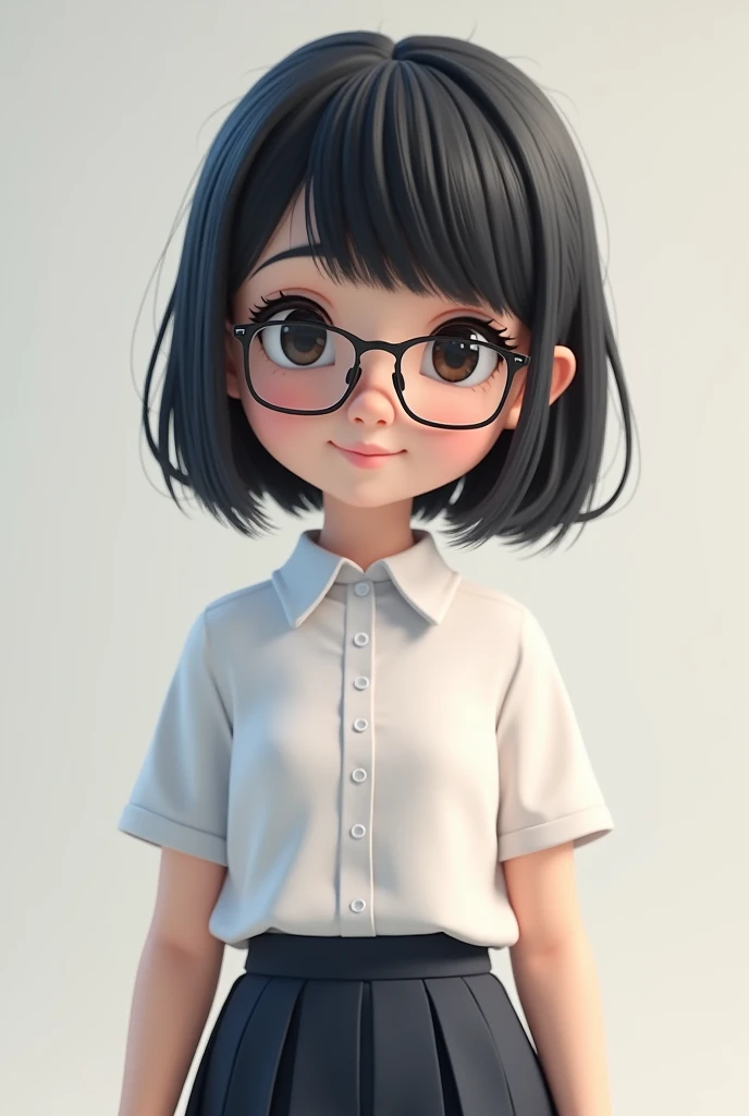 Girl with short black hair with glasses and school clothes in 3D
