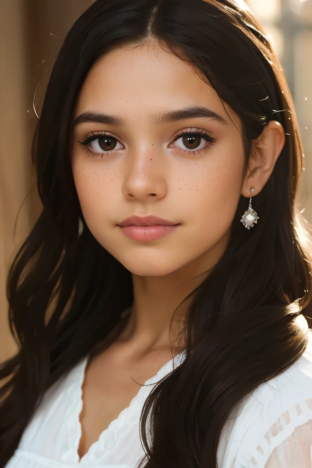 ((best quality)), ((masterpiece)), (detailed), beautiful young nine year old latina girl, perfect face, calm expression, soft expression, not fully smiling, (dark brown eyes), (black eyes), photorealistic, detailed long hair, perfect lighting, (young), delicate gentle, feminine, she is beautiful, she is calm, photorealistic image, detailed long hair, perfect lighting, (young), delicate, gentle, feminine, she is beautiful, she is calm, photorealistic image, long black hair, dark brown sheen, clear brown eyes, clear black eyes, light freckles across her cheeks, long wavy hair, long curly hair, realistic, (tanned white skin)