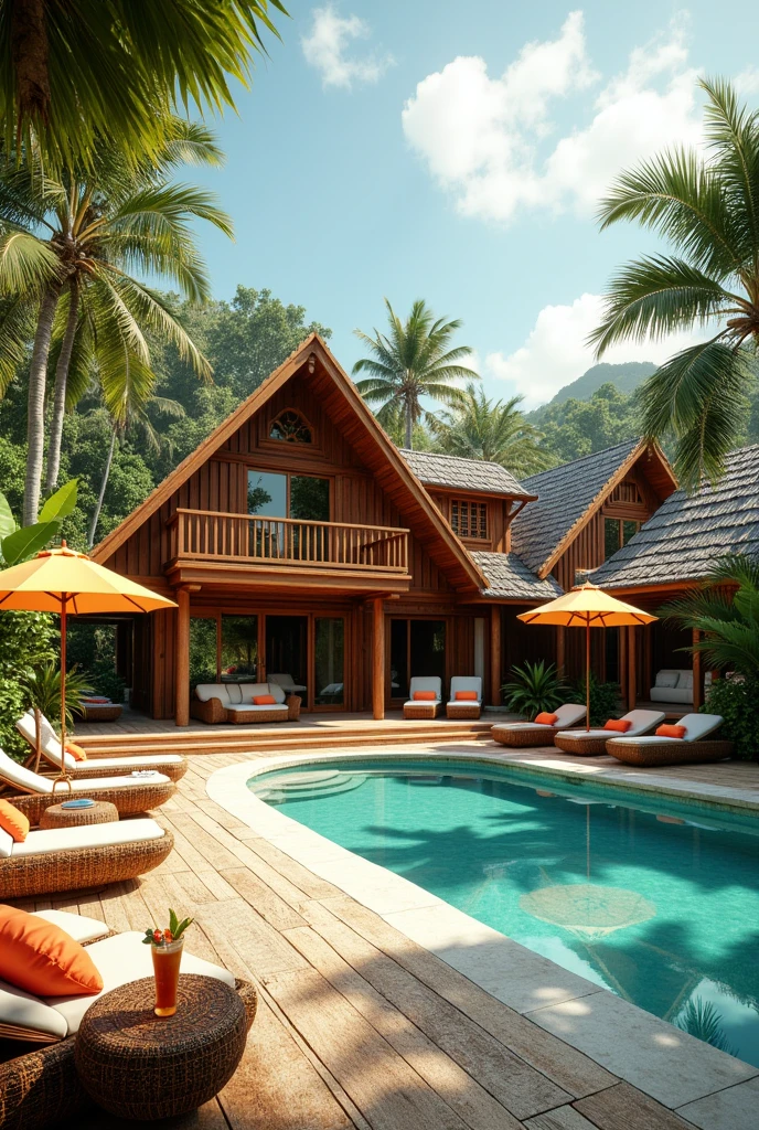 Tropical wooden house
Big living room with rattan and bamboo furniture, some drink on the side table
curve beautiful swimming pool
Sunbeds and umbrellas
