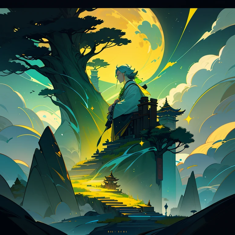 ''Facing the boundless unknown, all souls must resolve their questions in life and break free from the machinations of heaven. Obtain the path of life and walk the path of the true dao! ” in an taoist stylel, high-detailed English font that exudes ancient daoist vibe. Surround the text with some flying white crane, creating a breathtaking scene that captures an Immortal taoist meditating with mountains background. fog, clouds, with a big tree, with a temple, with a big tree, hyper-realistic, hyper-realistic, photorealistic, cinematic, high resolution, film light, dynamic lighting, masterpiece, movie style, RAW photo
in yellow, black,metallic,white, green, neon, sparkles,smoke,planet
,Cultivation,photo r3al,scenery,on top of a hill and looks at the lights of a city and a big moon rises in the background. cinematic, moonlight, night,