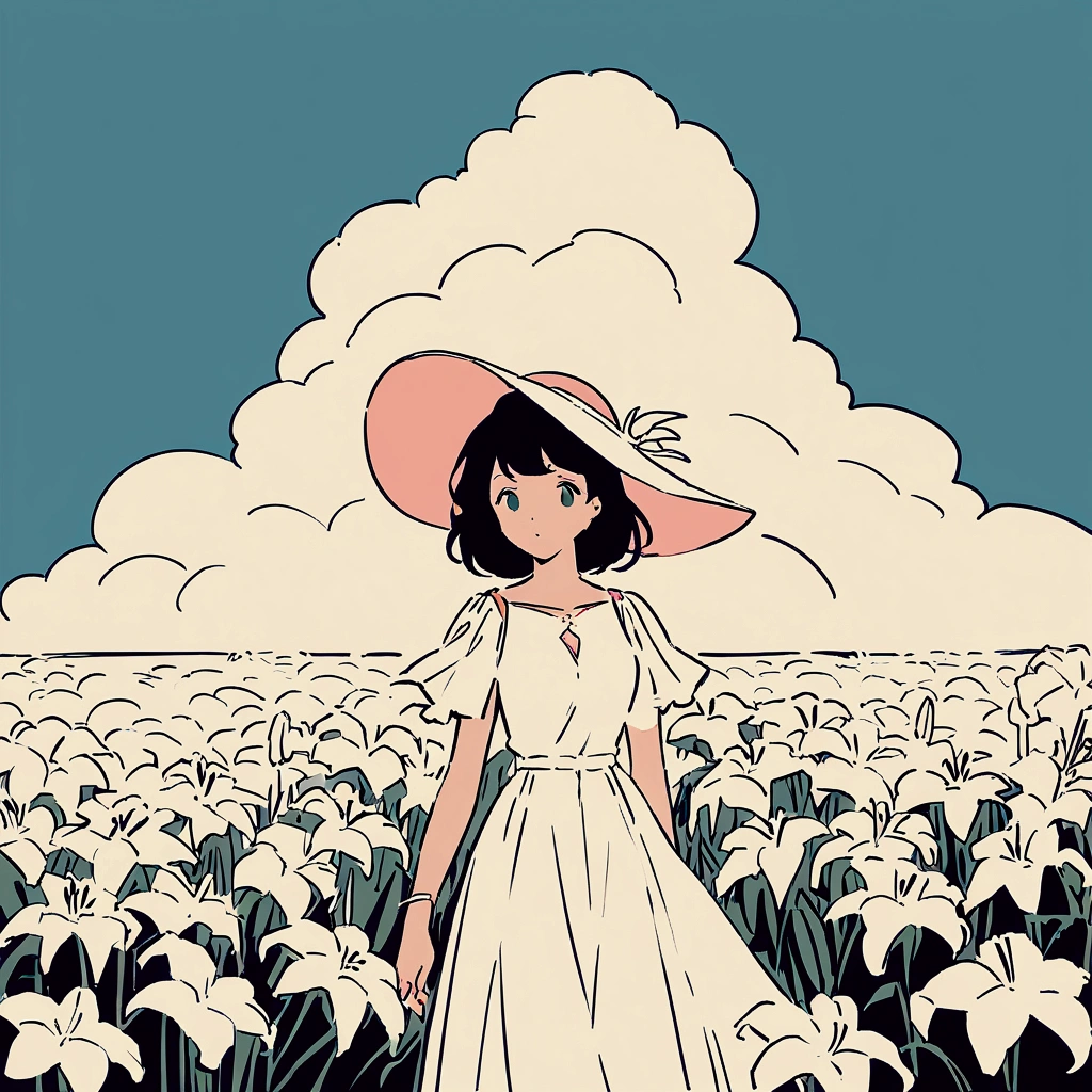 A woman in a white dress, summer, nostalgic, simple and beautiful color scheme, flat color, flowers, chic, lily flower, cumulonimbus cloud
