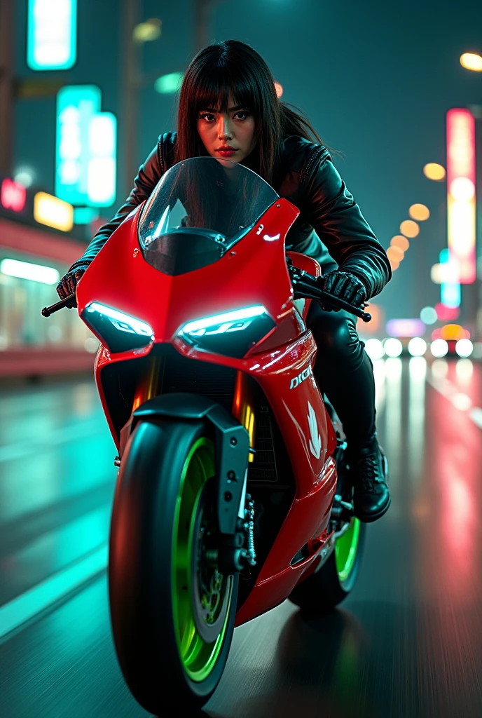 photorealistic image of stunning, beautiful japanese girl riding a powerful futuristic crimson and black Ducati sports motorcycle with a fairing at speed, neon green wheel rims, riding fast, on a futuristic cyberpunk highway at night, face in sharp focus, detailed face, detailed eyes, perfect hands, High Detail, Perfect Composition, dramatic lighting, high contrast, motion blur of the background, neon lights, bokeh