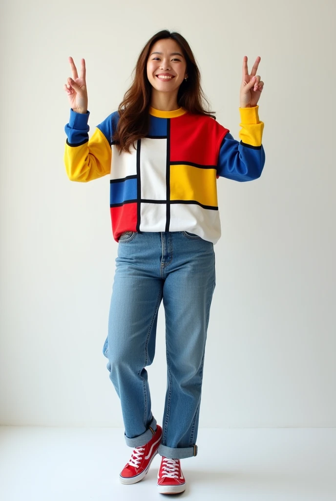 One Woman,Brown long hair,Have a happy face、He is wearing a shirt with Mondrian's Composition pattern.,The shirt is made up of red, yellow, blue and white squares.,Blue jeans,Raising both hands in a peace sign、Red sneakers,Standing with weight on the right foot、Simple Background、Taken with a Fujifilm SLR