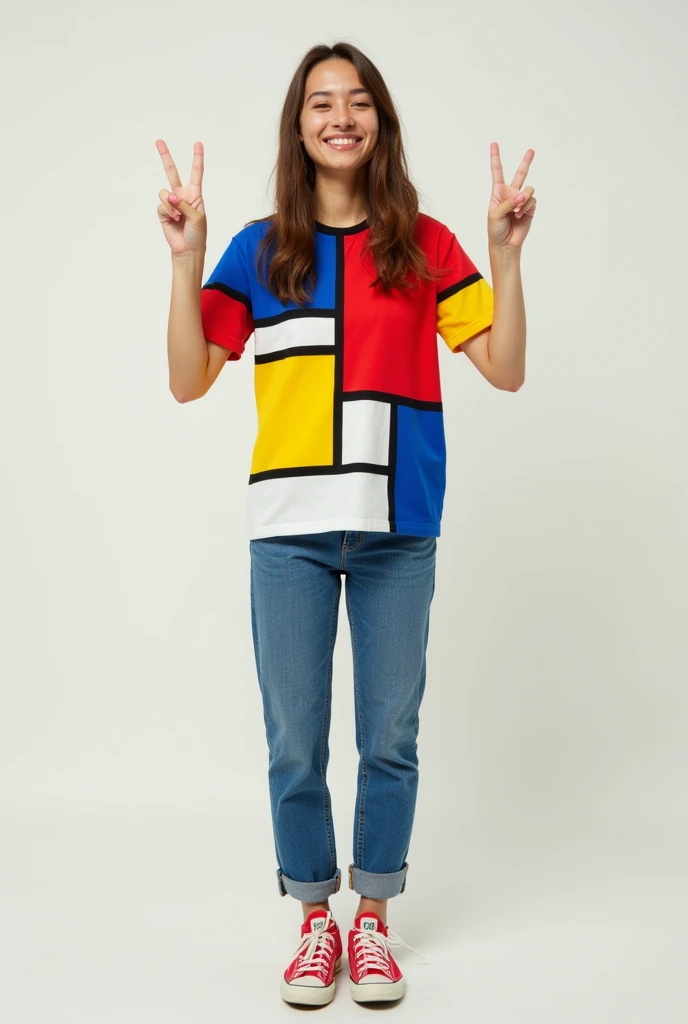 One Woman,Brown long hair,Have a happy face、He is wearing a shirt with Mondrian&#39;s Composition pattern.,The shirt is made up of red, yellow, blue and white squares.,Blue jeans,Raising both hands in a peace sign、Red sneakers,Standing with weight on the right foot、Simple Background、Taken with a Fujifilm SLR