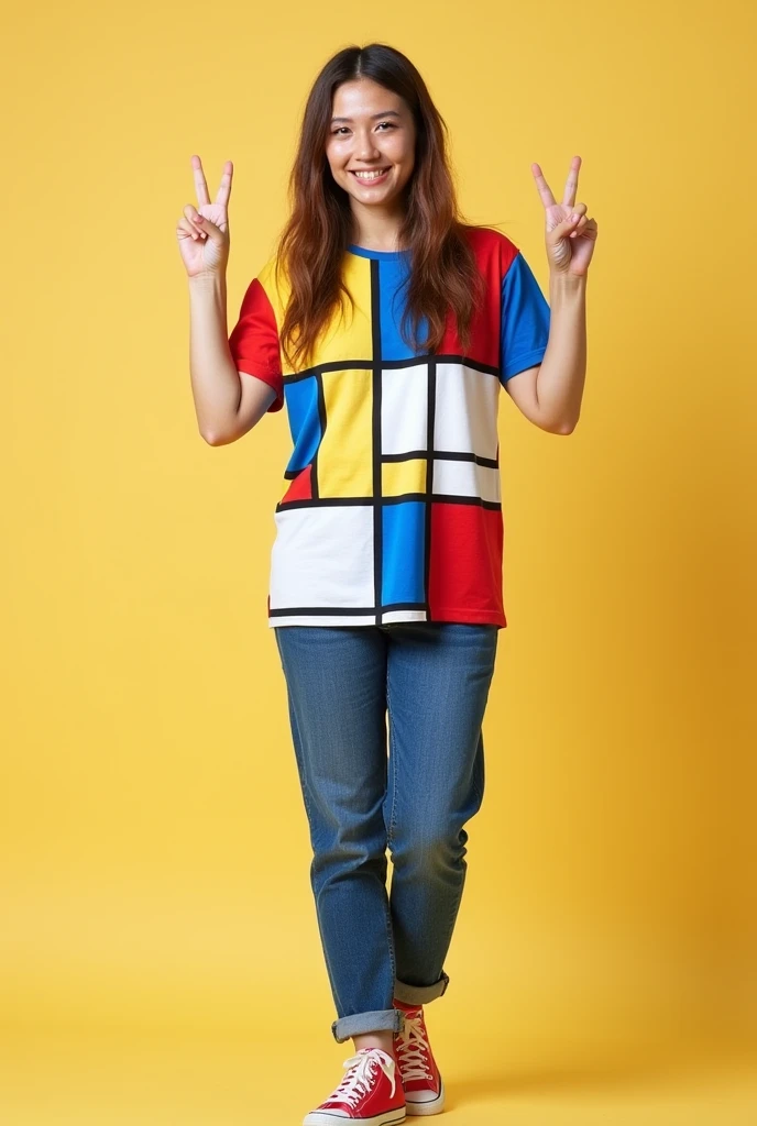 One Woman,Brown long hair,Have a happy face、He is wearing a shirt with Mondrian&#39;s Composition pattern.,The shirt is made up of red, yellow, blue and white squares.,Blue jeans,Raising both hands in a peace sign、Red sneakers,Standing with weight on the right foot、Simple Background、Taken with a Fujifilm SLR