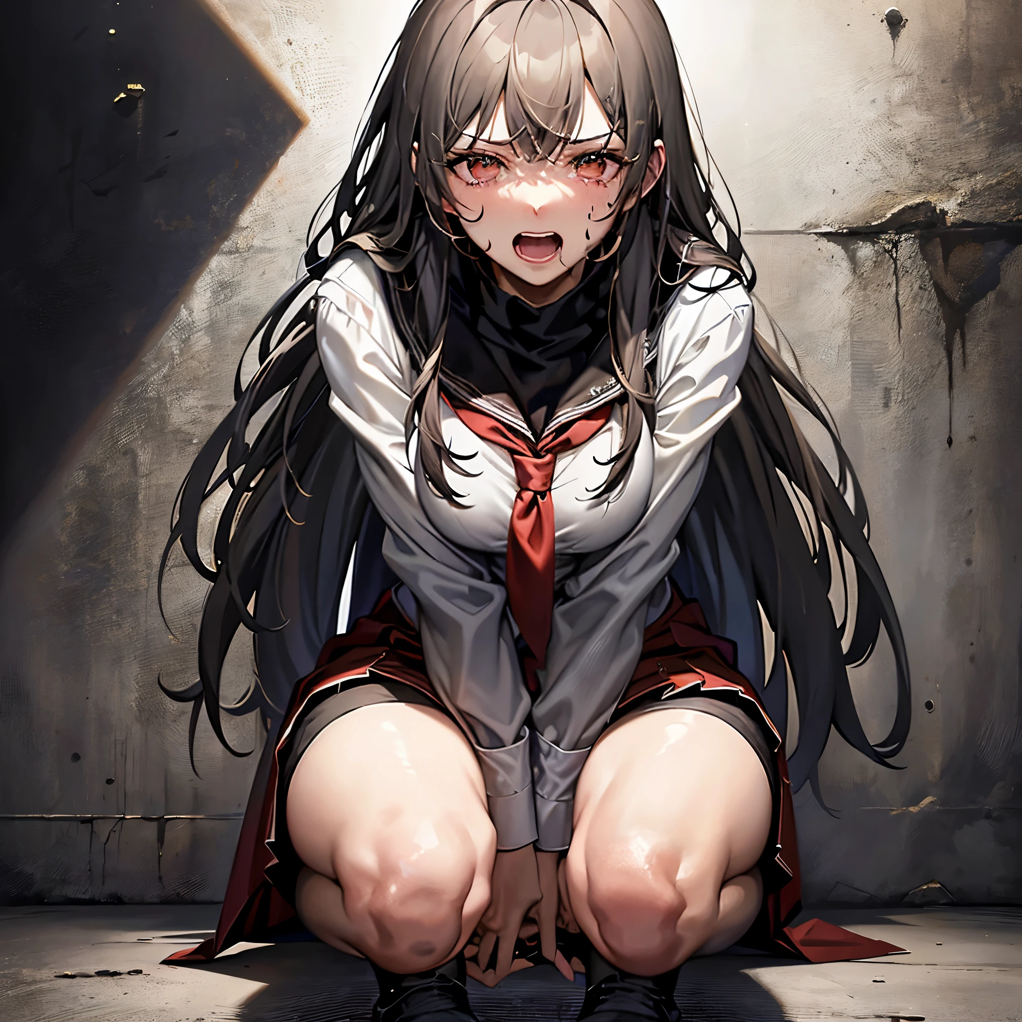 "(best quality,4k,highres:1.2),vivid colors,ultra-detailed,comic style,portrait,front view,angry,sad,desperate expression,blood stains on face and body,teary eyes,blood splatter on the wall,circular spotlight on the wall,gray fluffy hair down to waist,crouching, Knees inward and together, wearing a dark gray coat, white sailor uniform, red cloth triangle scarf, black stockings"